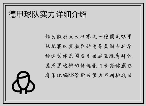 德甲球队实力详细介绍